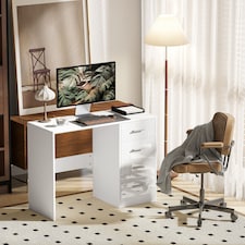 HOMCOM Computer Desk with Drawers, Dressing Table, High Gloss Home Office Writing Workstation, White