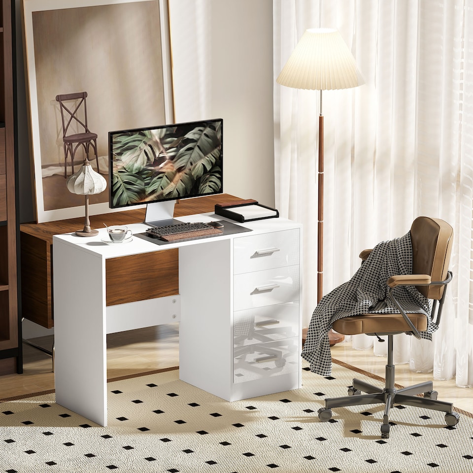 image 1 of HOMCOM Computer Desk with Drawers, Dressing Table, High Gloss Home Office Writing Workstation, White