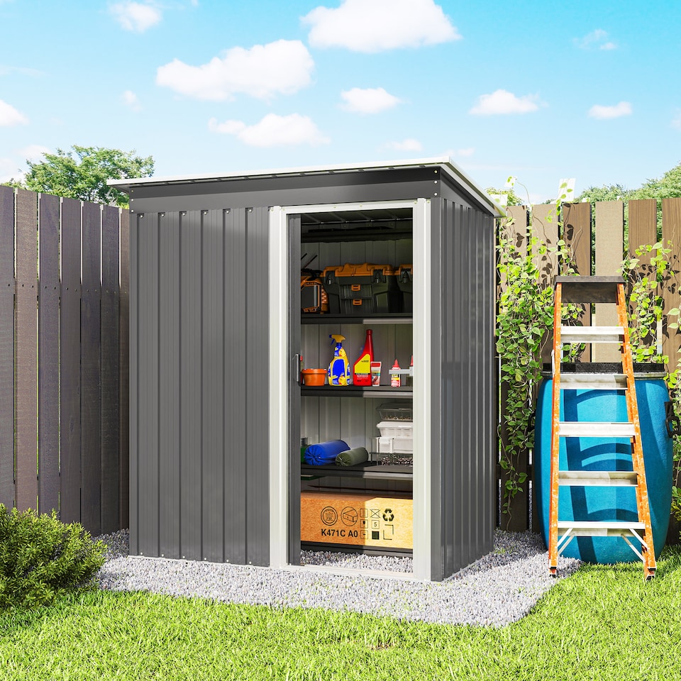 image 1 of Outsunny 5 x 3ft Garden Storage Shed with Sliding Door and Sloped Roof, Lean to Outdoor Equipment Tool Shed for Garden, Light Grey | Grey | 1