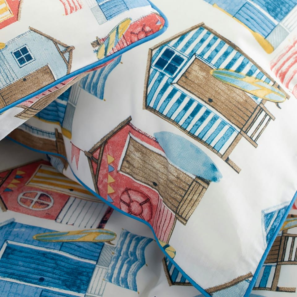 image 1 of Queens Parade 100% Cotton Duvet Set with Vibrant Beach Hut Print and Piped Edging Multi | White | King