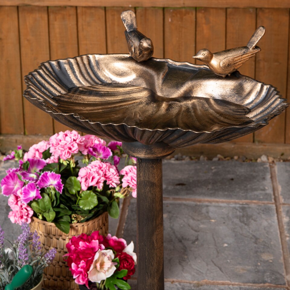 image 1 of 81cm Bronze Effect Garden Patio Bird Bath with Bird Sculptures | Bronze | Bronze