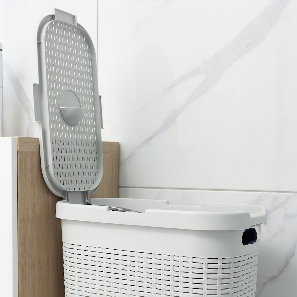 image 1 of Addis Rattan Effect Slim 40L Laundry Hamper - Light Grey