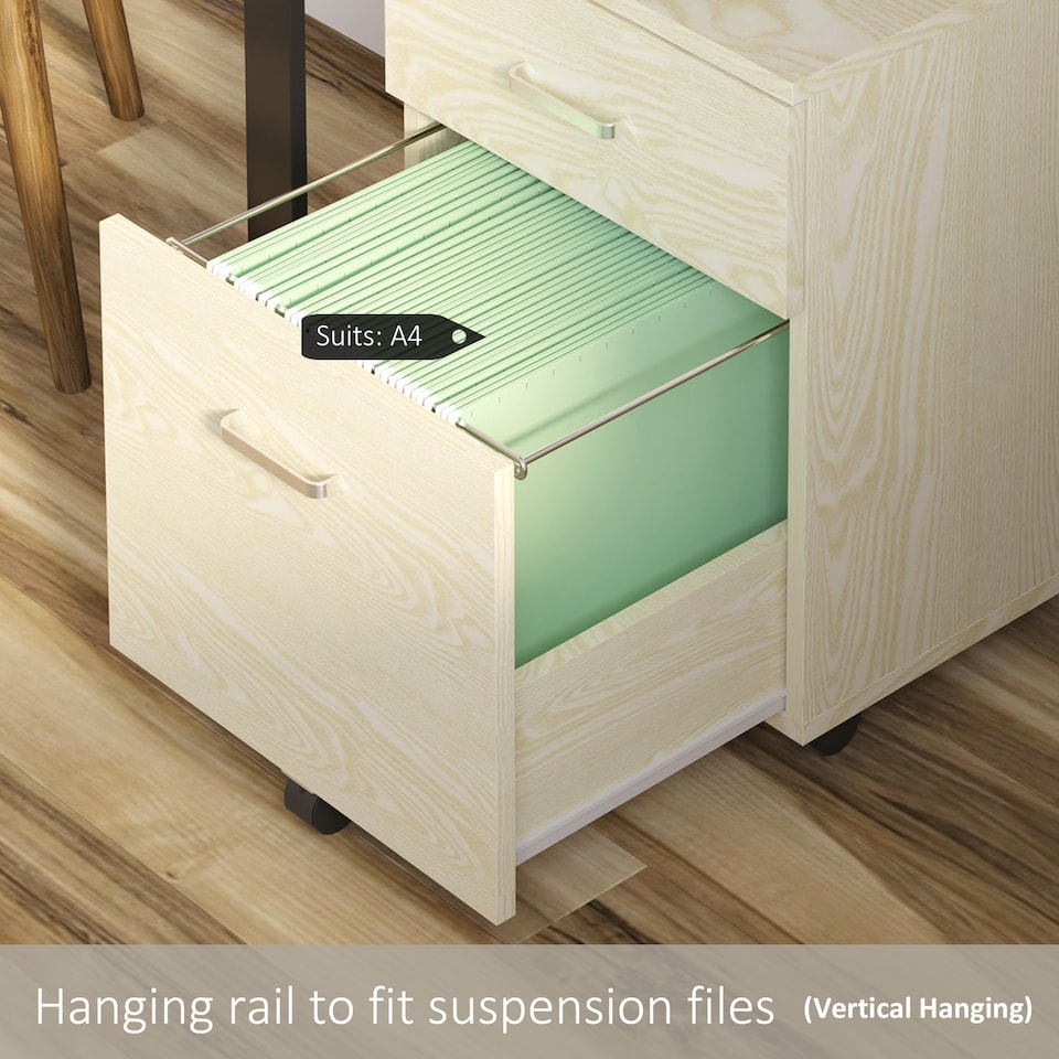 image 1 of Vinsetto 2-Drawer Locking Office Filing Cabinet w  5 Wheels Rolling Storage Hanging A4 Cupboard Home Organisation, Oak Wood Grain