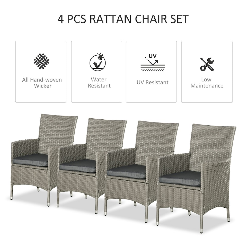 image 1 of Outsunny 4PC Outdoor Rattan Armchair Wicker Dining Chair Set for Garden Grey