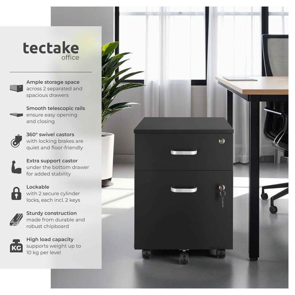 image 1 of Filing Cabinet - 2 rolling,  lockable drawers, fits A4 documents | Black | black | 46 x 40 x 54,50 cm | 1