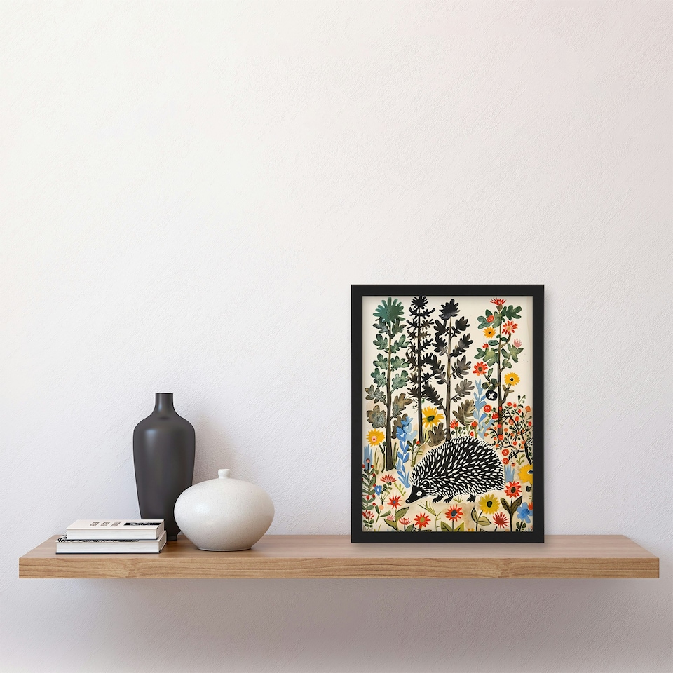 image 1 of Forest Folk Art Wildflowers Hedgehog Black Framed Wall Art Print A4