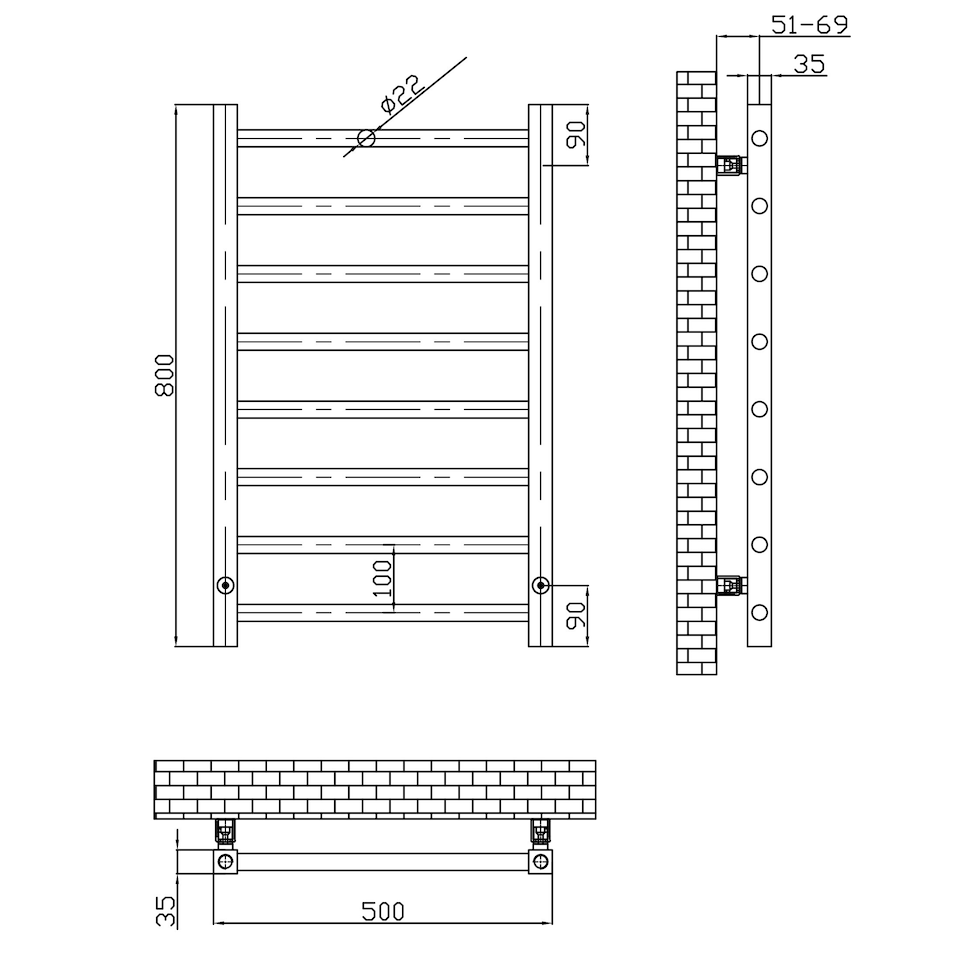 image 1 of Brushed Brass 800 x 500mm Heated Bathroom Towel Rail Warmer Ladder Radiator with Straight Manual Valves Pair