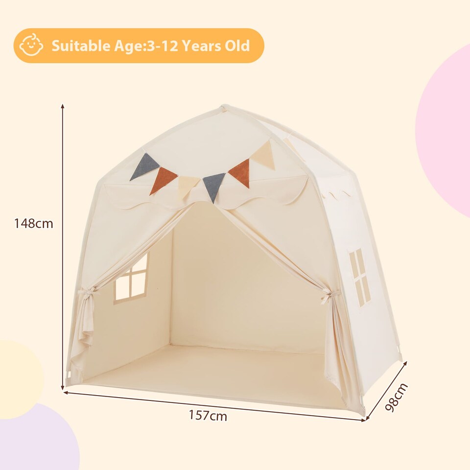 image 1 of COSTWAY Kids Play Tent Indoor & Outdoor Extra Large Playhouse Tent-Beige