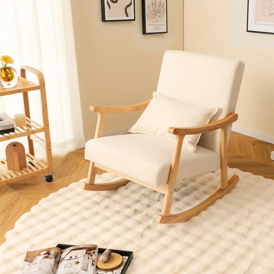 image 1 of COSTWAY Upholstered Rocking Chair Modern Rocker Wood Frame Beige White