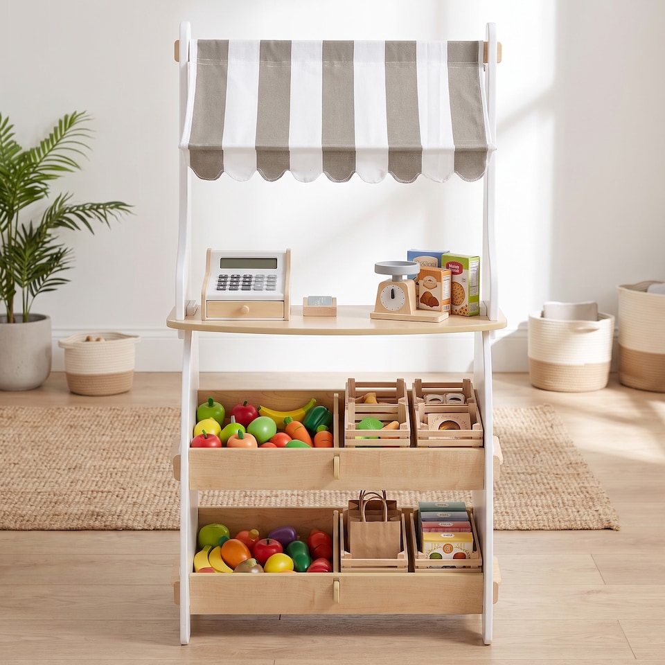 image 1 of Hooga Kids Shop, Wooden Play Shop Market Stand Playset