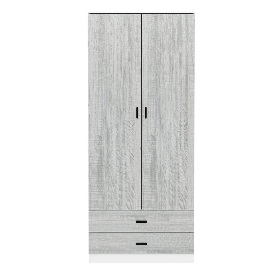 image 1 of 2-Door 2-Drawer Wardrobe with Storage Shelf, and Hanging Space - 180x75x46cm | White | White & Ash Grey | 1
