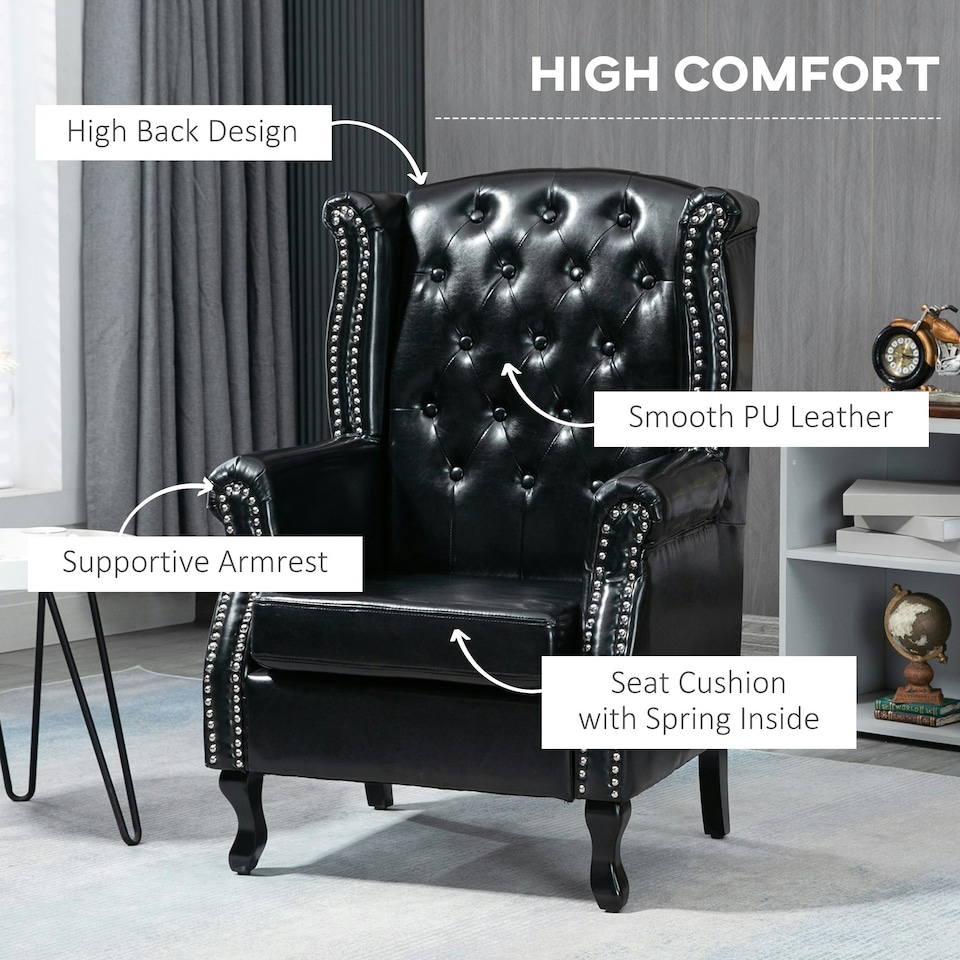 image 1 of HOMCOM Chesterfield-style Wing Back Armchair Tufted Accent Chair Black