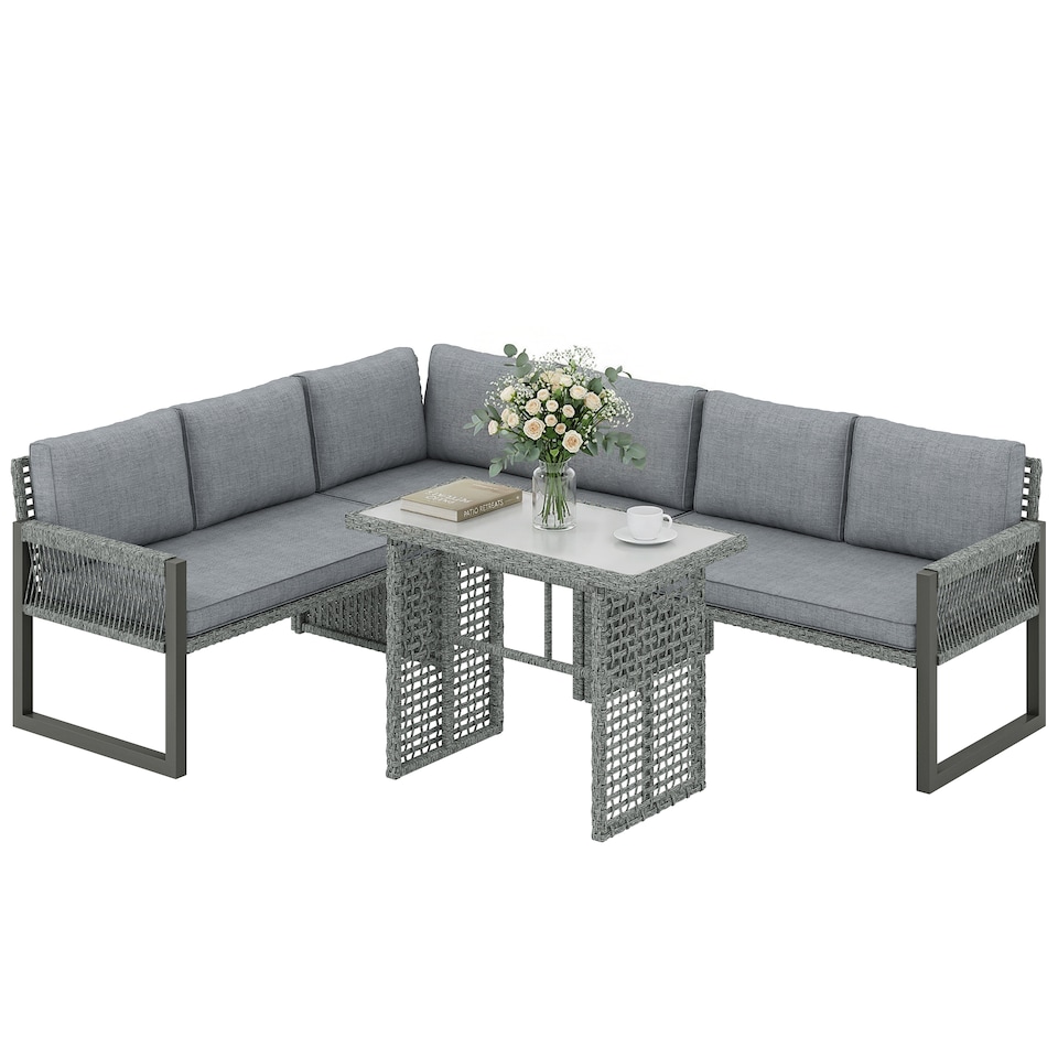 image 1 of Outsunny 4 Piece Rattan Garden Furniture Set with 3 Loveseats, Table, Grey | Grey | Light grey | 225 x 172 x 72 cm