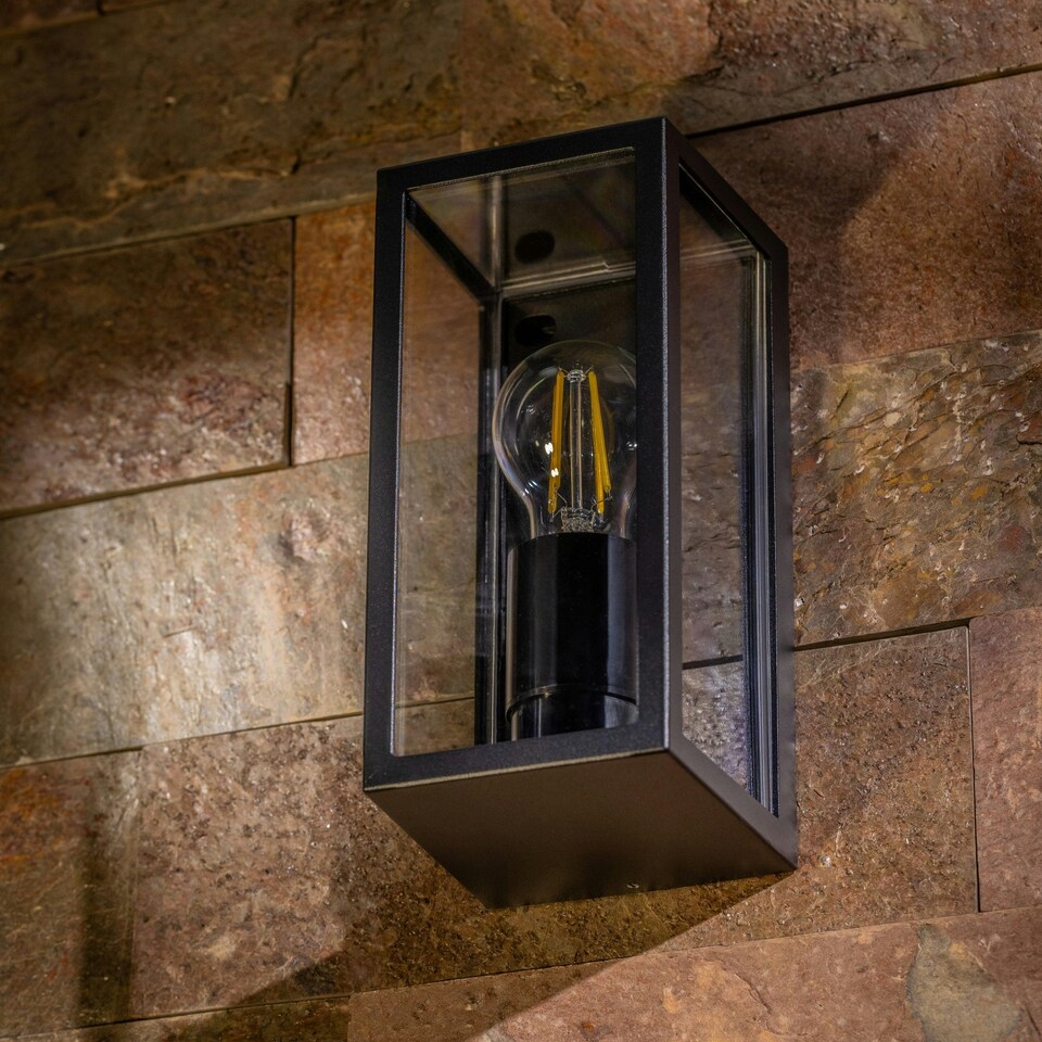 image 1 of CGC MARINA Black E27 Outdoor Wall Light Box Lantern Clear Diffuser IP44 Black