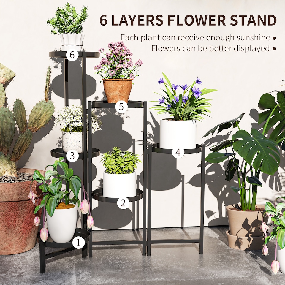 image 1 of Outsunny 3 Tier Foldable Corner Plant Stand for Indoor Outdoor, Black | Black | Black