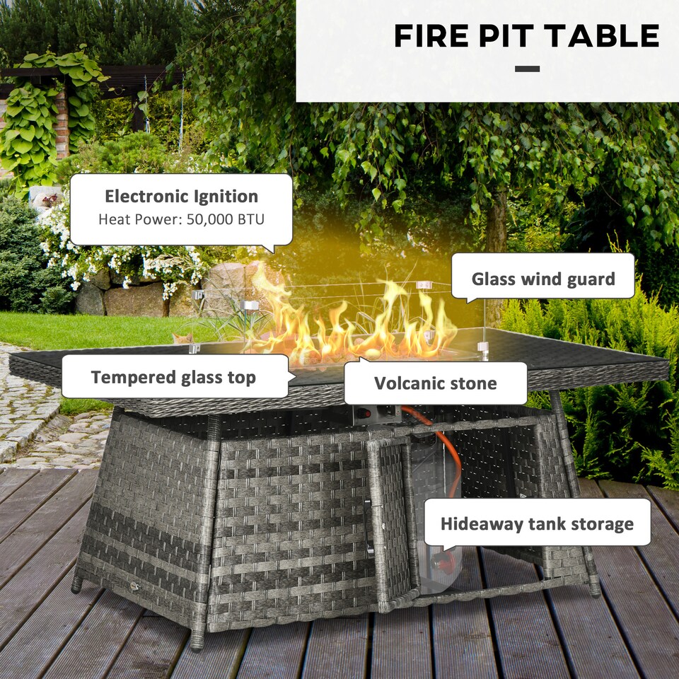 image 1 of Outsunny 7 Pieces PE Rattan Garden Furniture Set, 50,000 BTU Gas Fire Pit Table, Double Corner Sofa and 3 Footstools, 6 Seater Furniture Sofa Sets with Cushions for Conservatory, Grey