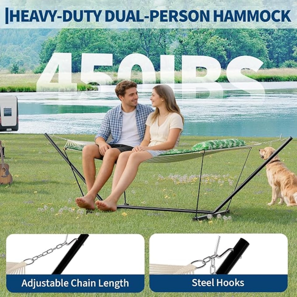 image 1 of London Boutique Double Hammock with Stand, 450lbs Heavy Duty 2 Person Hammock with Pillow & Pad for Backyard Garden Camping