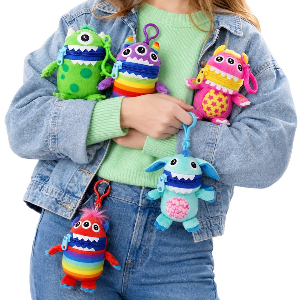 image 1 of Kids Worry Yummy Monster Clip-On Keyring Bag Charm Pram Pack of 5 Multicoloured Soft Toy Set