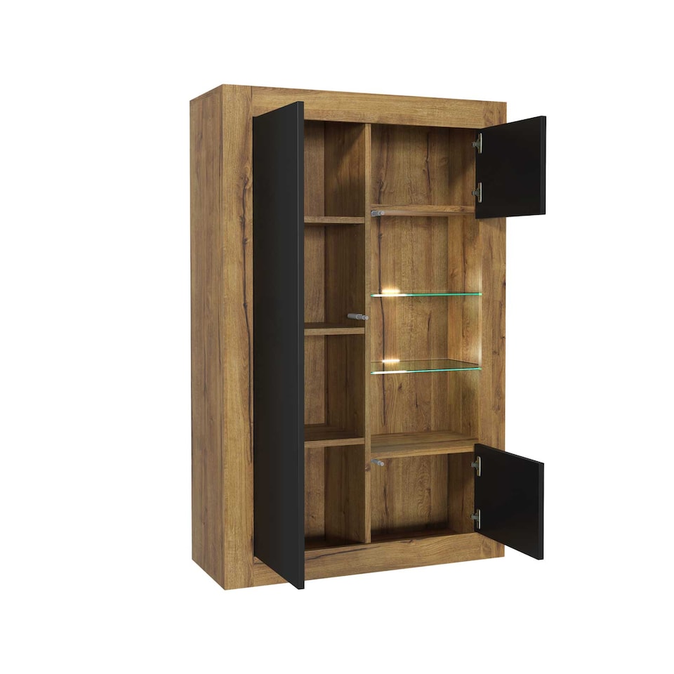 image 1 of Display Cabinet Sideboard Storage Unit Oak Matt Body Black Matt Doors Glass Shelves Modern Cupboard 140cm