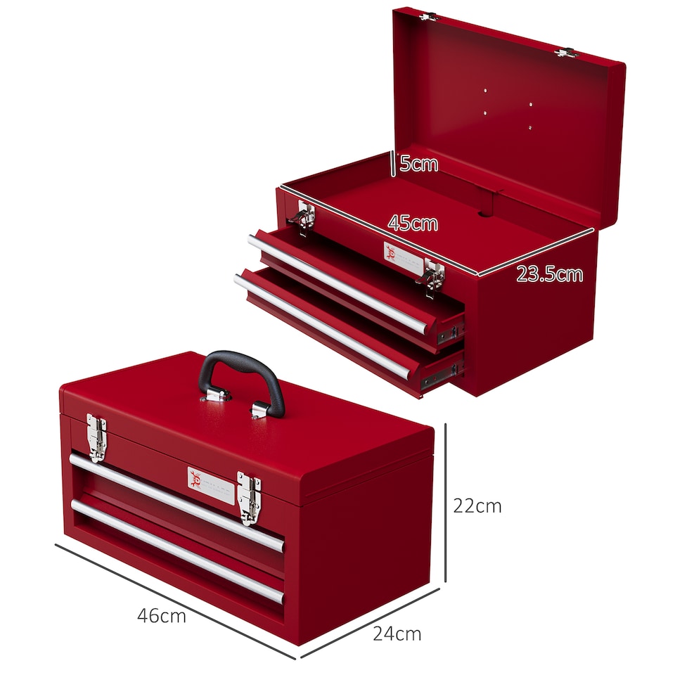 image 1 of DURHAND 2 Drawer Tool Chest, Lockable Metal Tool Box with Ball Bearing Runners, Portable Toolbox, 460mm x 240mm x 220mm, Red