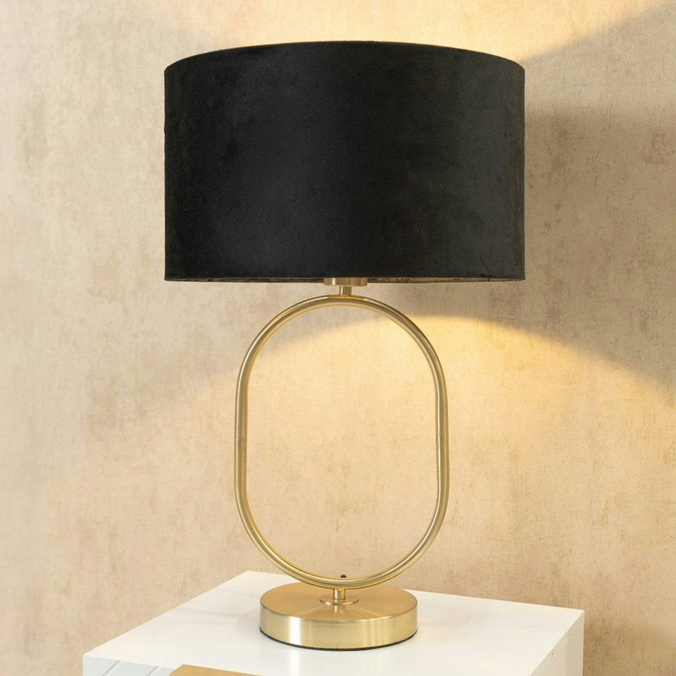 image 1 of ValueLights Antonia Black Velvet Drum Lamp Shade Brushed Gold Oval Table Lamp Gold