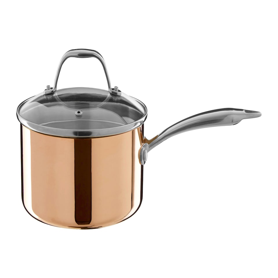 image 1 of Interiors By Premier 18cm Copper Finish Saucepan, Pan With Glass Lid, Tri-Ply Pan Saucepan With Steam Vent, Stylish Saucepan Gold
