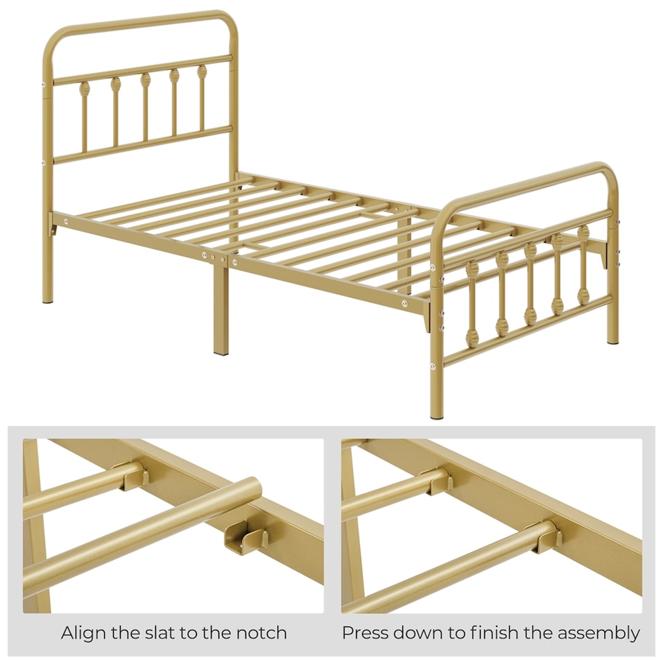 image 1 of Yaheetech Vintage Iron Platform Bed with High Headboard and Footboard-190 cm L x 90 cm W | Gold | Antique Gold | Single | 1