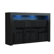 Sideboard 155cm Black Gloss Doors Black Matt Body Free LED Glass Shelf Black