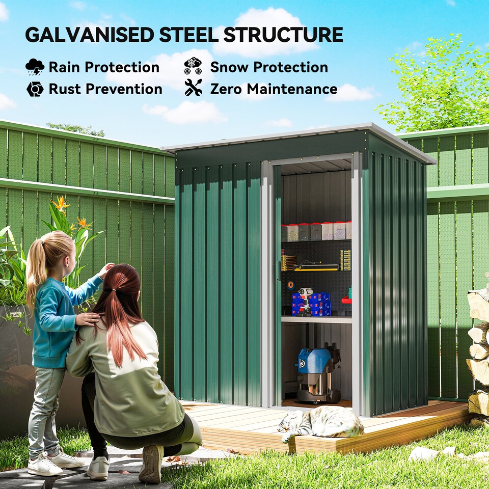 image 1 of Outsunny 5 x 3ft Garden Storage Shed with Sliding Door and Sloped Roof, Lean to Outdoor Equipment Tool Shed for Garden, Green