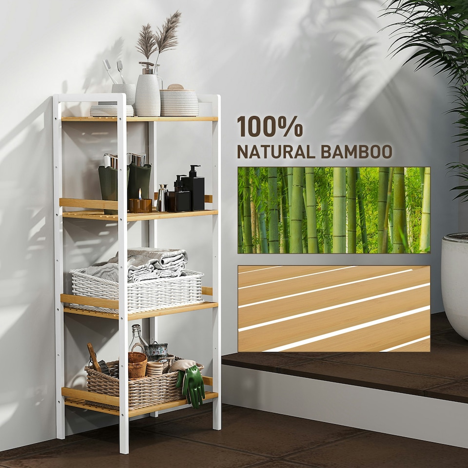 image 1 of HOMCOM 4-Tier Bamboo Bathroom Shelf with Adjustable Rack, Natural, White