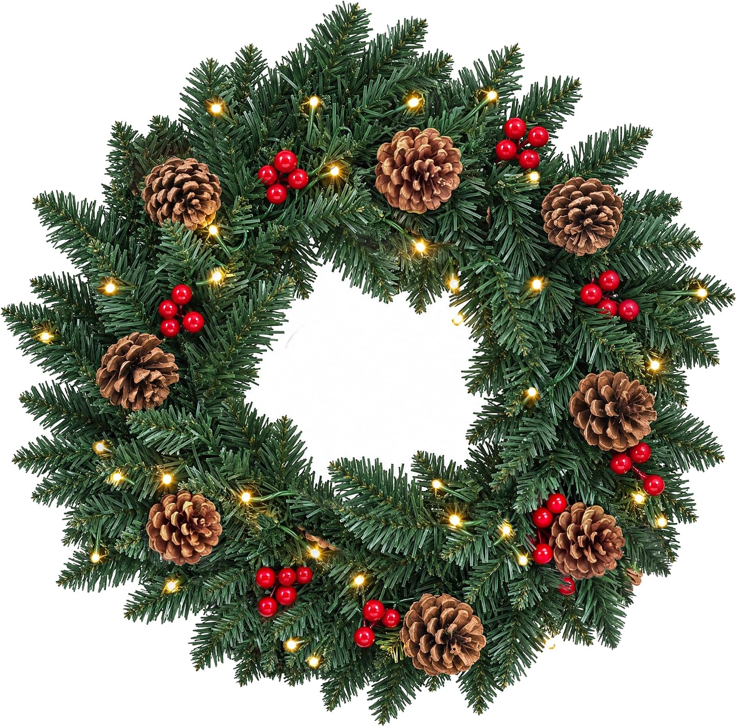 45cm Pre-Lit Christmas Wreath with 35 Warm LED Lights Pine Cones & Red Berries