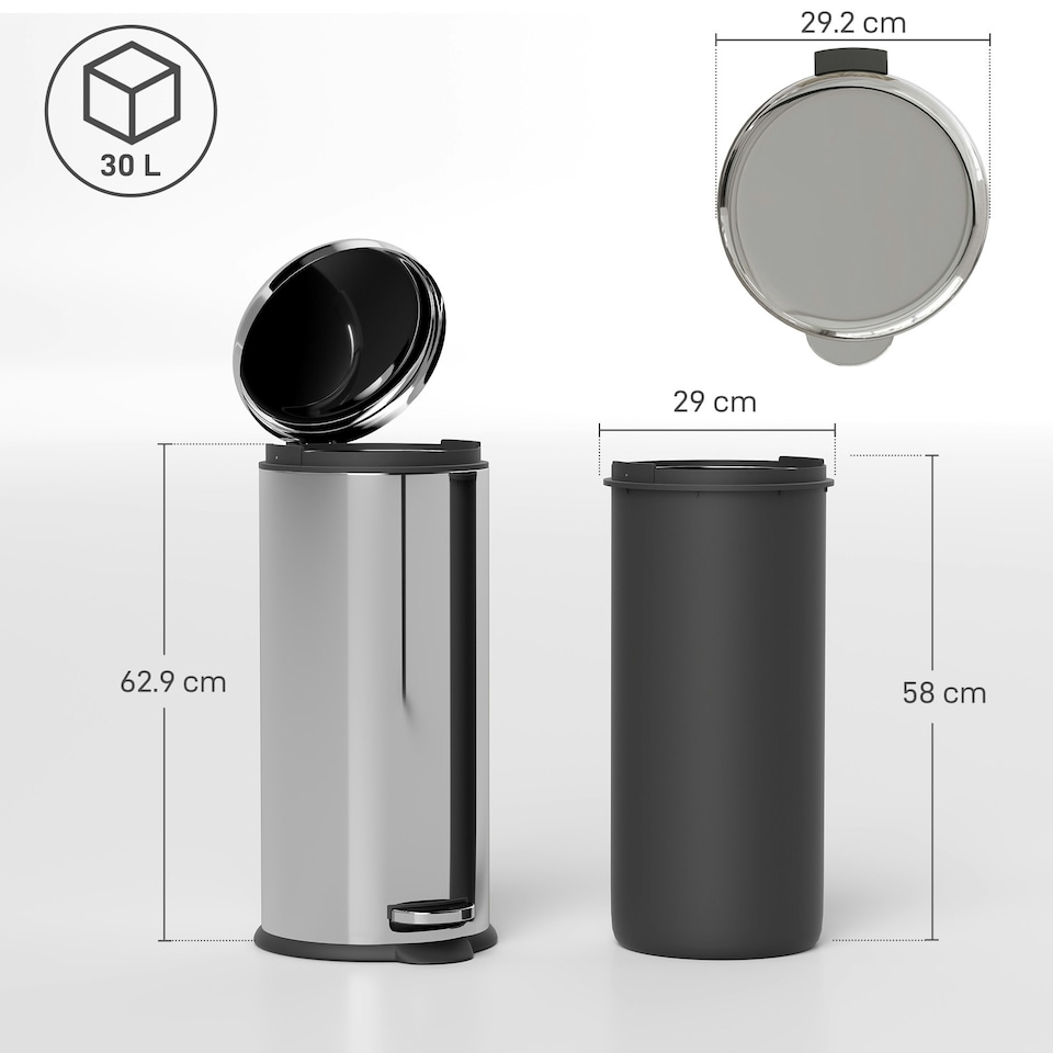 image 1 of HOMCOM Foot Pedal Bin Stainless Steel Metal Waste Rubbish Lid Kitchen Garbage | Silver | 1