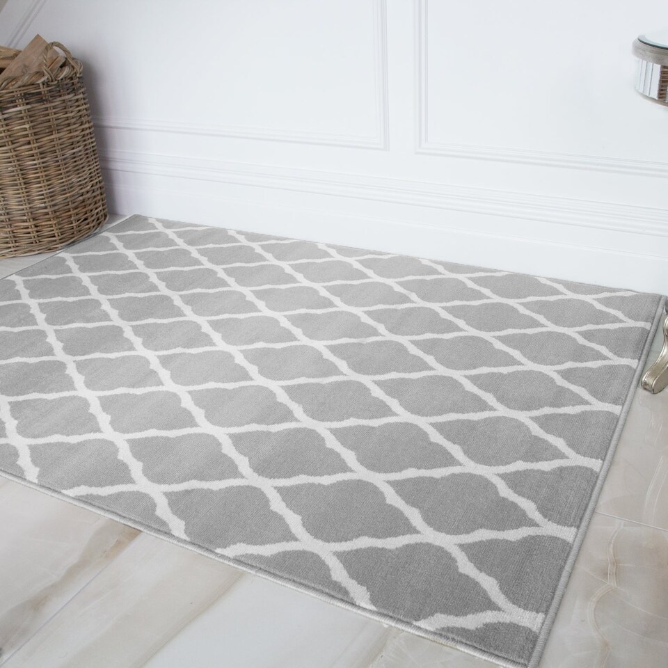 image 1 of KUKOON Grey White Classic Trellis Living Area Rug 60cm x 110cm