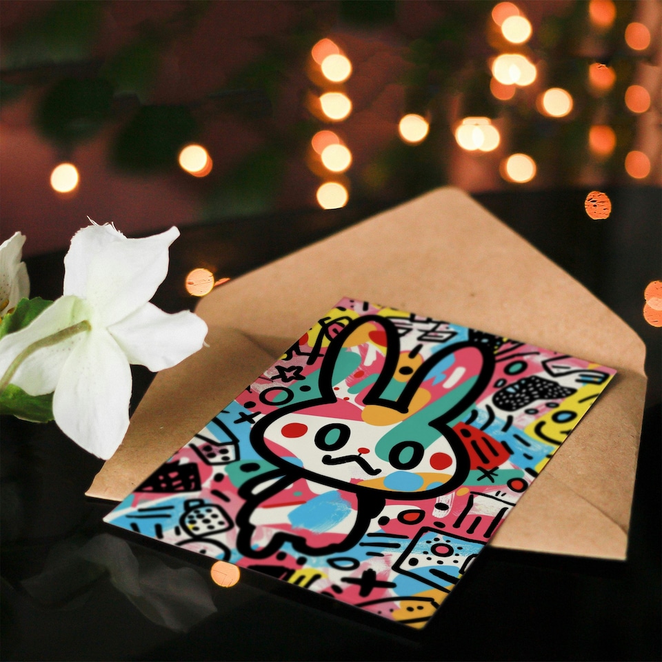 image 1 of Bunny Cartoon Colourful Graffiti Style Girl Daughter Son Birthday Card