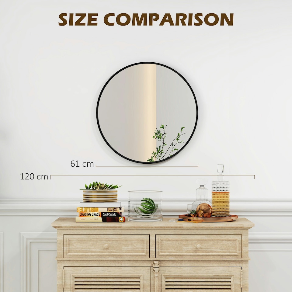 image 1 of HOMCOM Wall Mirror for Living Room Bedroom, 61 cm Circle Bathroom Mirror, Black