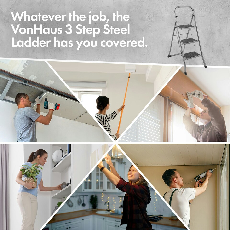 image 1 of VonHaus 3 Step Steel Folding Step Ladder with Anti Slip Feet