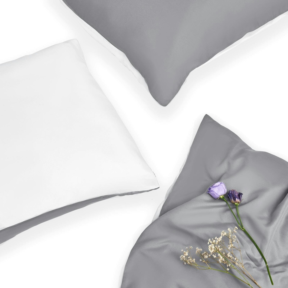 image 1 of OHS Plain Reversible Soft Microfibre Duvet Cover and Pillowcase Set, Single - Grey/White