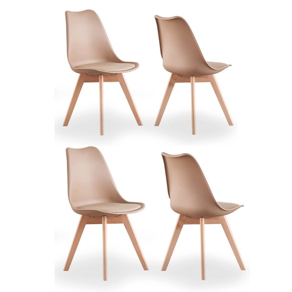 image 1 of Set of 4 Scandinavian Dining Chairs with Leather Cushions Solid Wood Legs Bronze | Vanilla