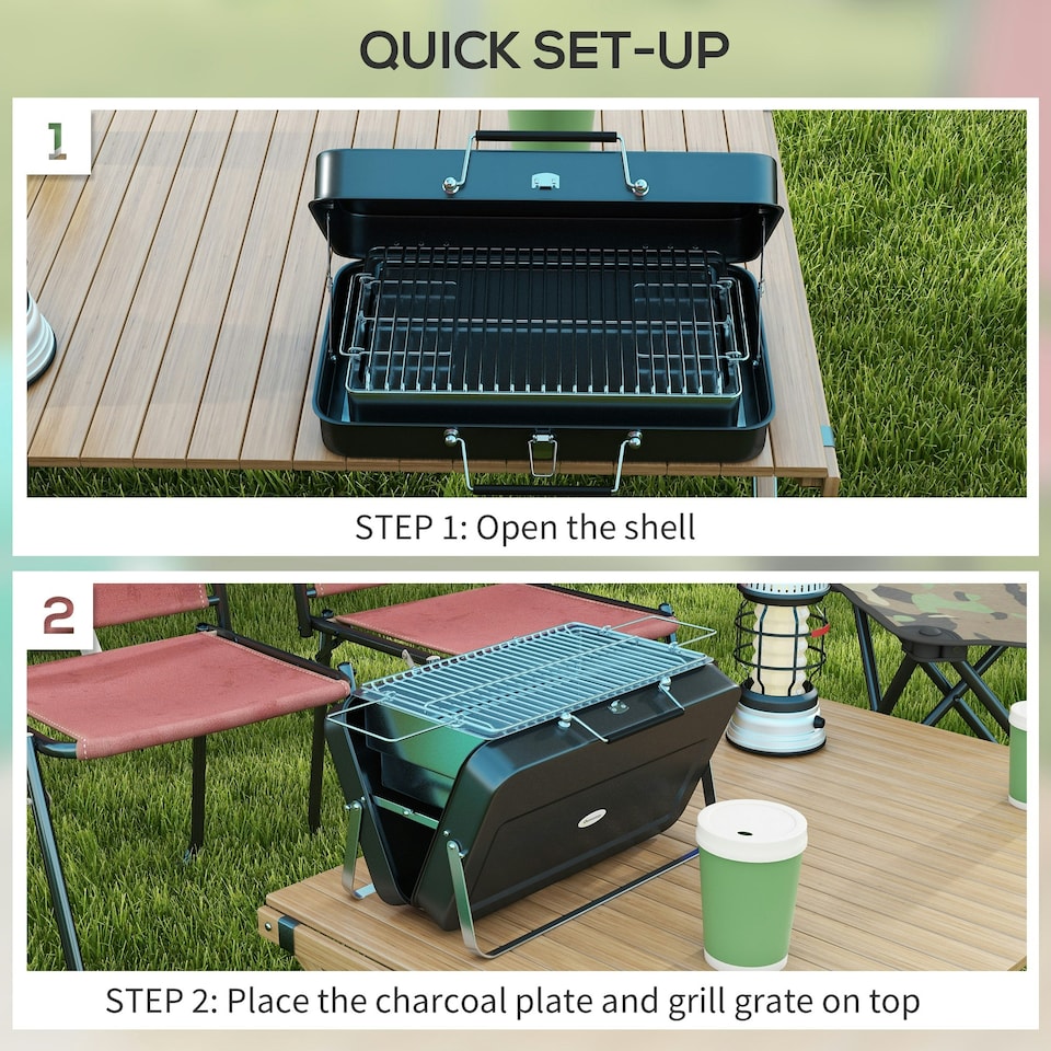image 1 of Outsunny Portable BBQ Grill with Suitcase Design for Camping Picnic Party, Black