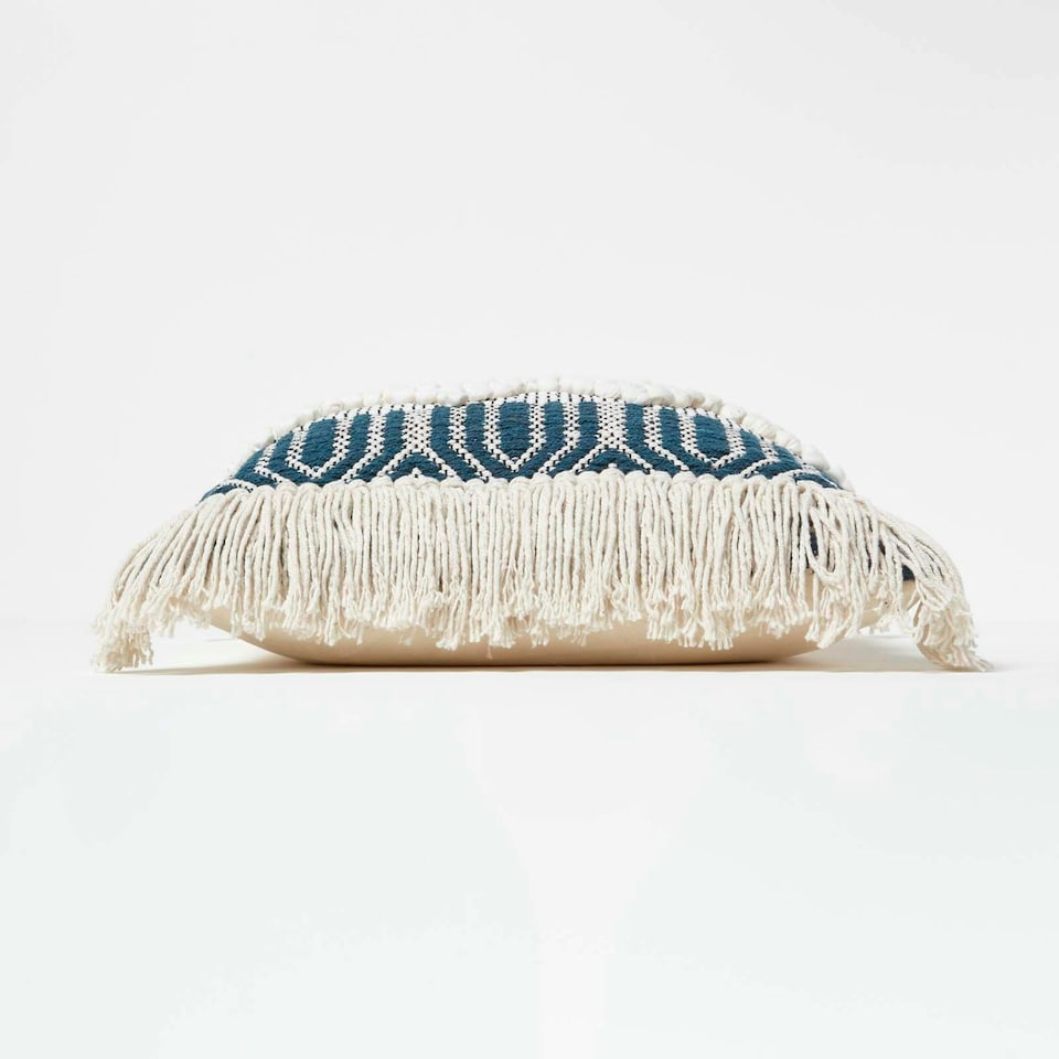 image 1 of Homescapes Safi Handwoven Fringed Navy & Cream Kilim Cushion - 45 x 45 cm Blue