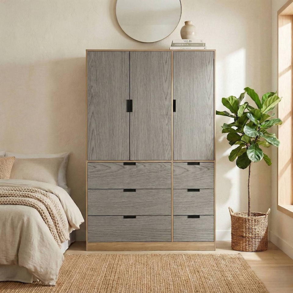 image 1 of RIGA 3 Door 6 Drawer Wardrobe | Brown | Oak & Cedar Grey | 10 x 44.5 x 79 | 1
