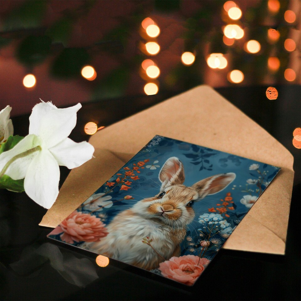 image 1 of Cute Bunny Spring Flowers Girl Boy Kids Daughter Son Birthday Card