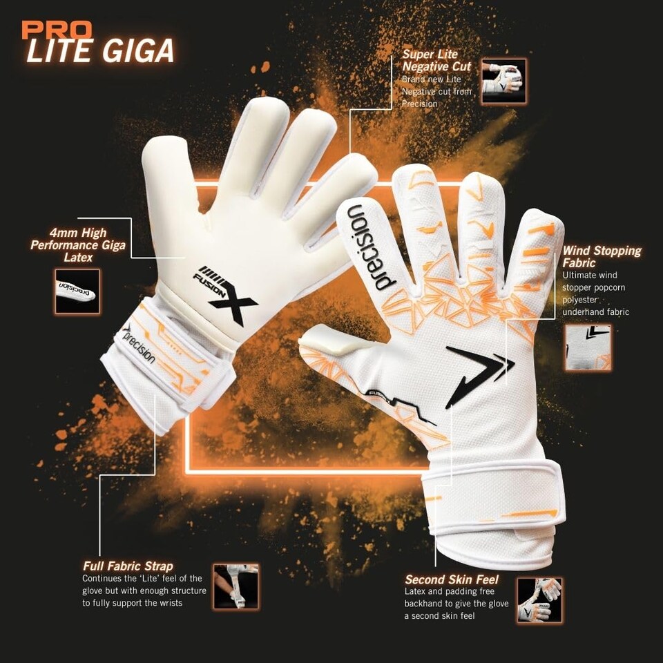 image 1 of ​​Precision Fusion X Pro Lite Giga Professional Football All Ages Goalkeeper Gloves, White Orange, 9