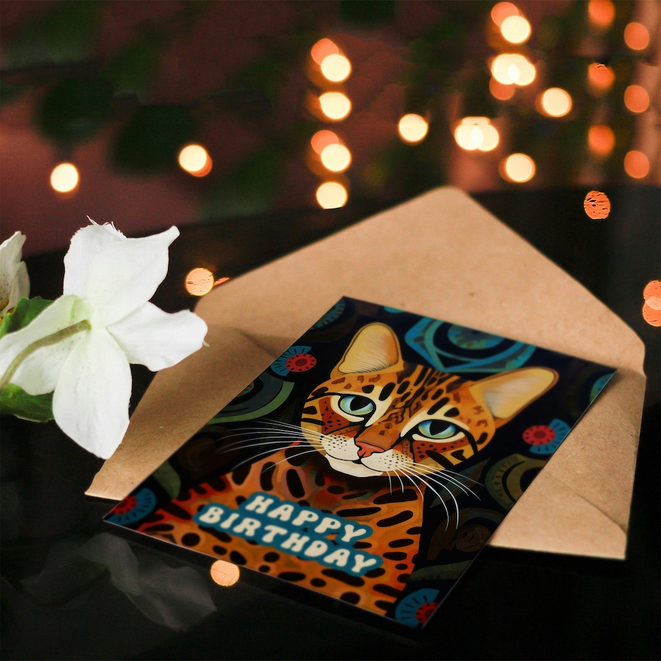 image 1 of Cat Lover Bengal Cat With Abstract Floral Pattern Greeting Card