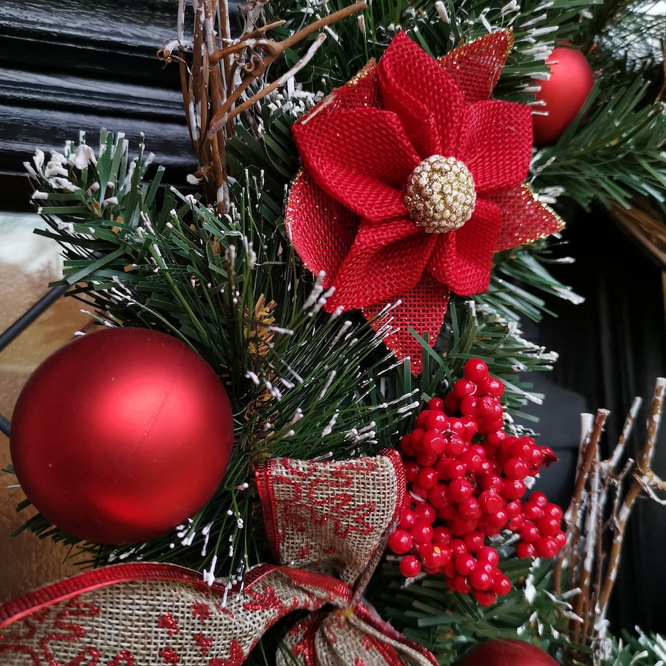 image 1 of Premier 40cm Christmas Red Dressed Festive Wreath With Baubles Bows And Pinecones