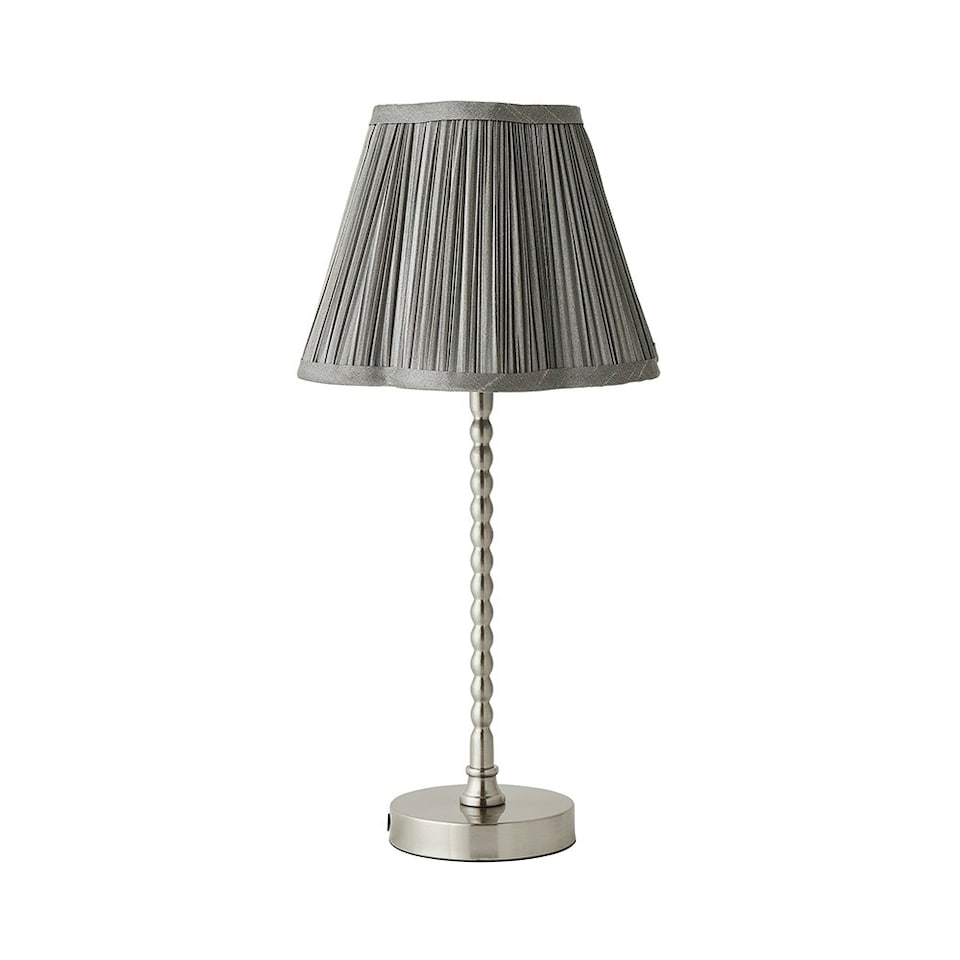 image 1 of ValueLights Maeve Dark Grey Pleated Faux Silk Scallop Shade Brushed Chrome Bobbin Table Lamp Silver