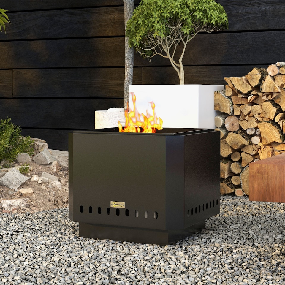 image 1 of Outsunny Smokeless Portable Fire Pit, Square Metal Bonfire Stove, Black
