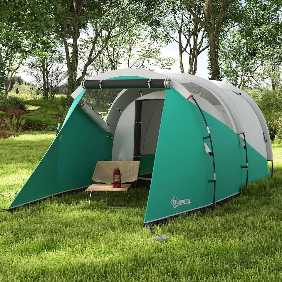 image 1 of Outsunny 3000mm Waterproof Camping Tent with 2 Rooms for 3 Man, Green