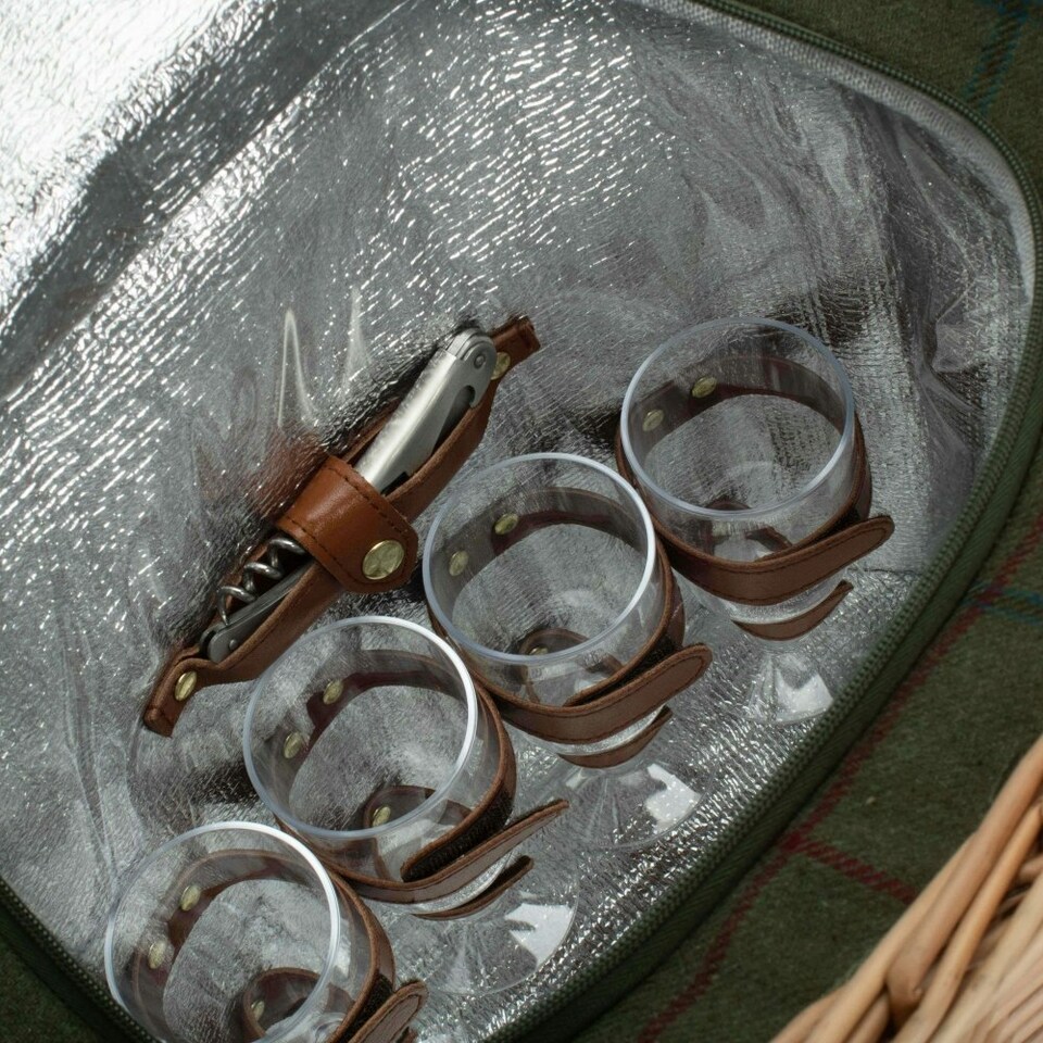 image 1 of Wicker Oval Green Tweed Fitted Cool Bag Drinks Picnic Basket