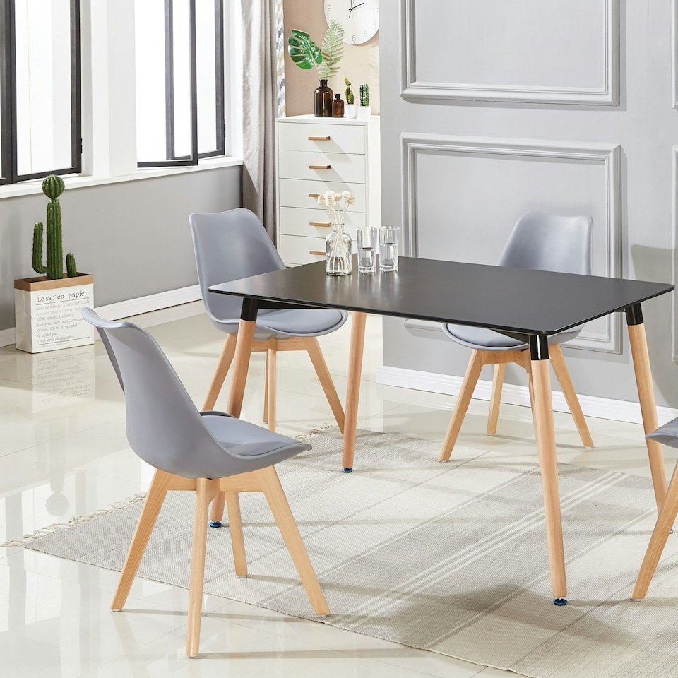 image 1 of 5PCs Dining Set - a Black Halo Dining Table & Set of 4 Lorenzo Tulip Chairs with Padded Seat | Grey
